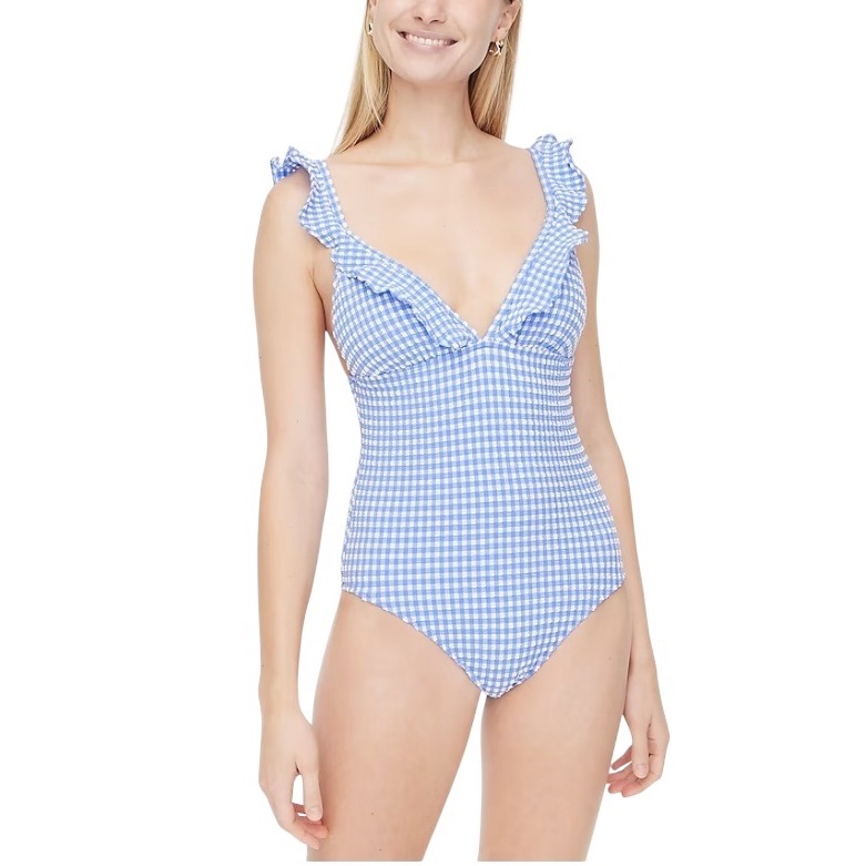 J Crew v-neck ruffle adjustable strap one piece swimsuit. Blue/white Gingham XL