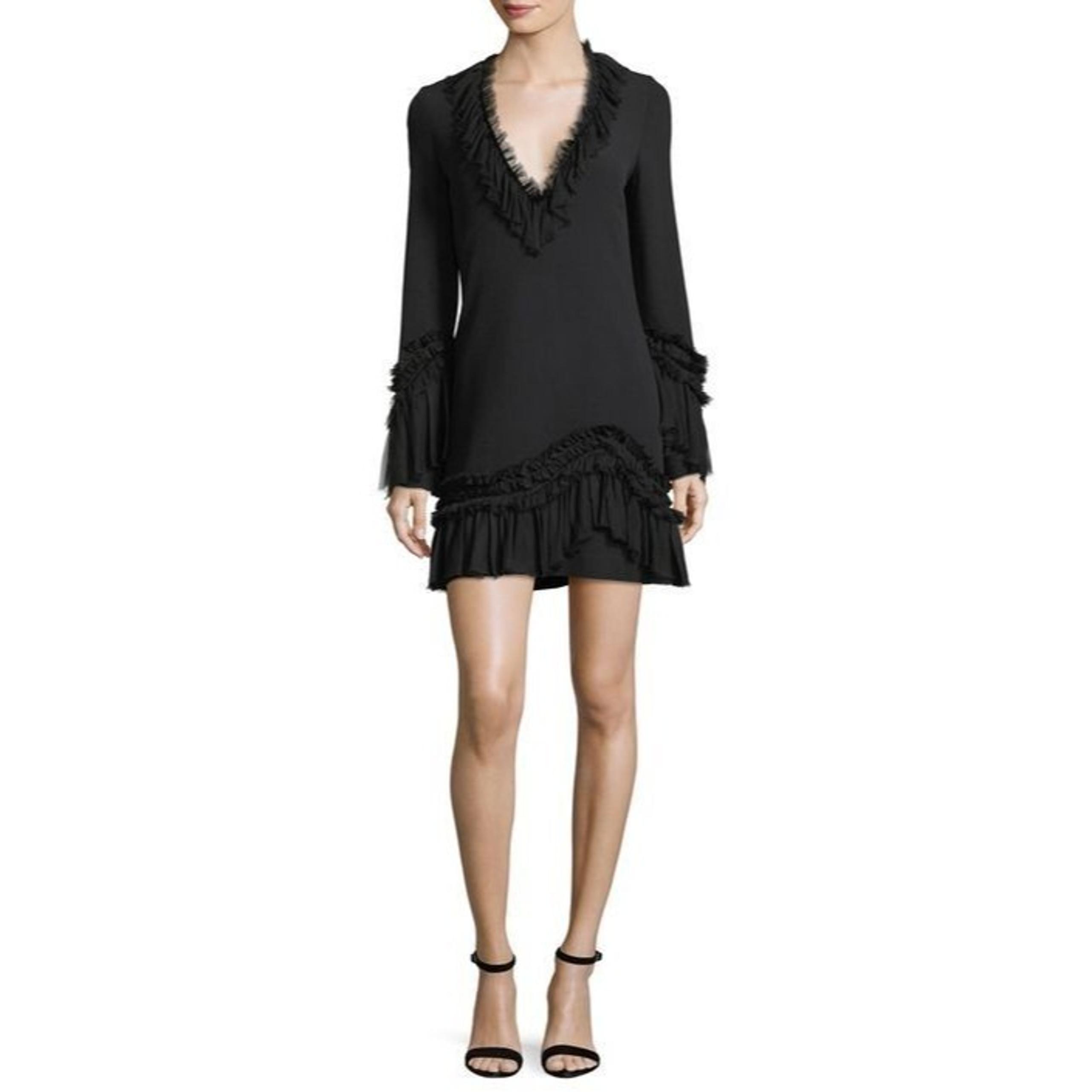 NWT Alexis Bell Sleeve Ruffle Trim A-Line Mini Dress Black Women's Size XS