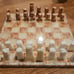 Hand carved Mexican Aztec Onyx/Marble Red and White 32 piece 17 chess board
