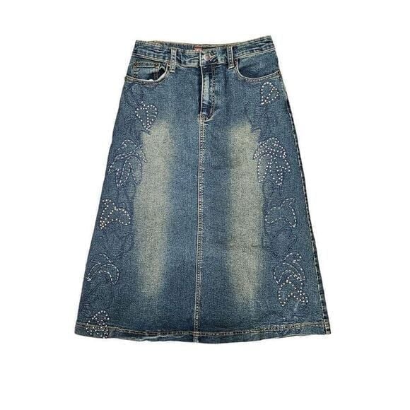 Vintage Denim A-Line Floral Design Midi Skirt