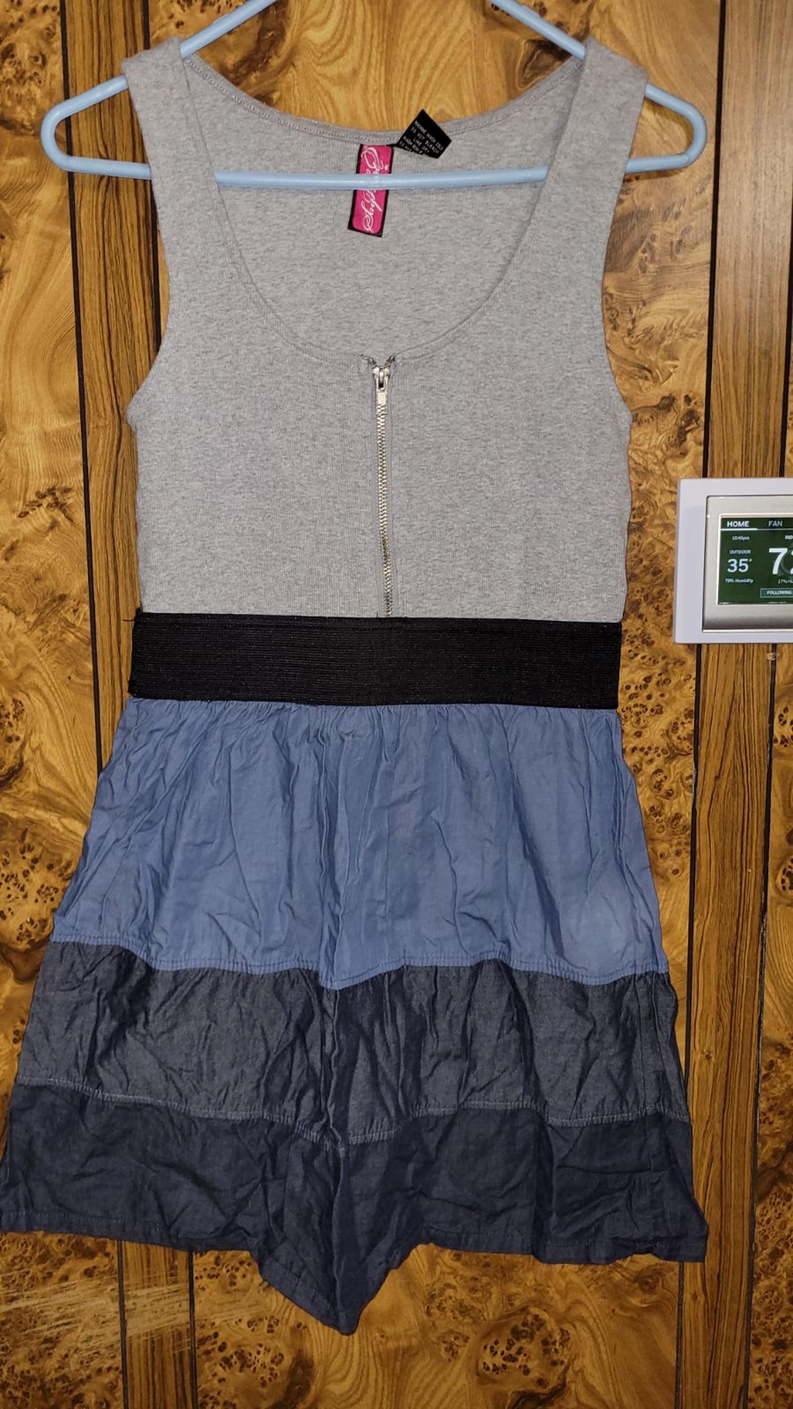 SAY WHAT women's summer sleeveless dress above knee zipper ruffle blue grey M