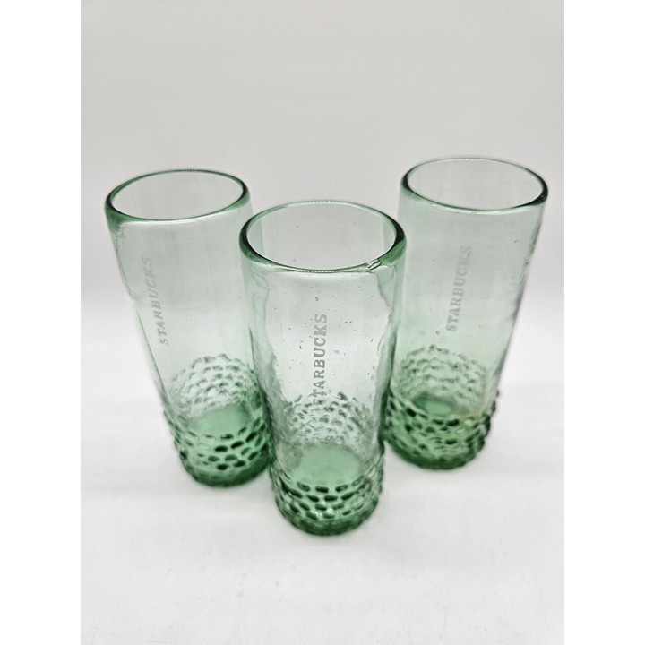 Starbucks Handblown Green Tall 7 Glasses Tumbler Hobnail Lot Of 3 Boho Recycled