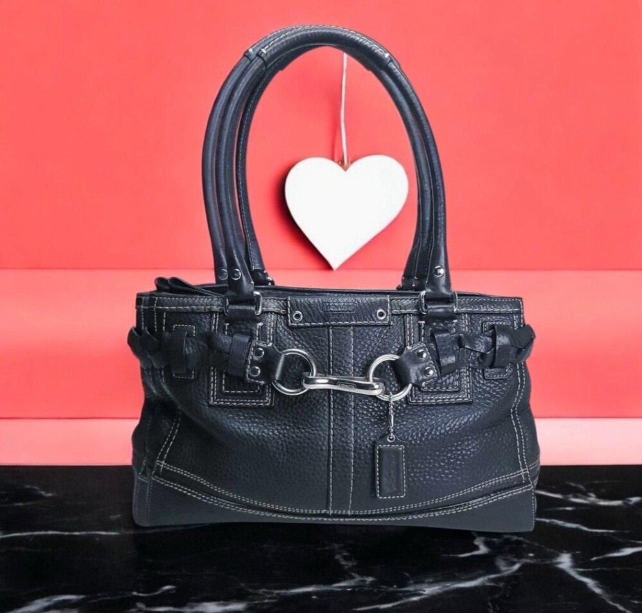 Coach Hampton F13087 Braided Trim Tassle Black Pebble Leather