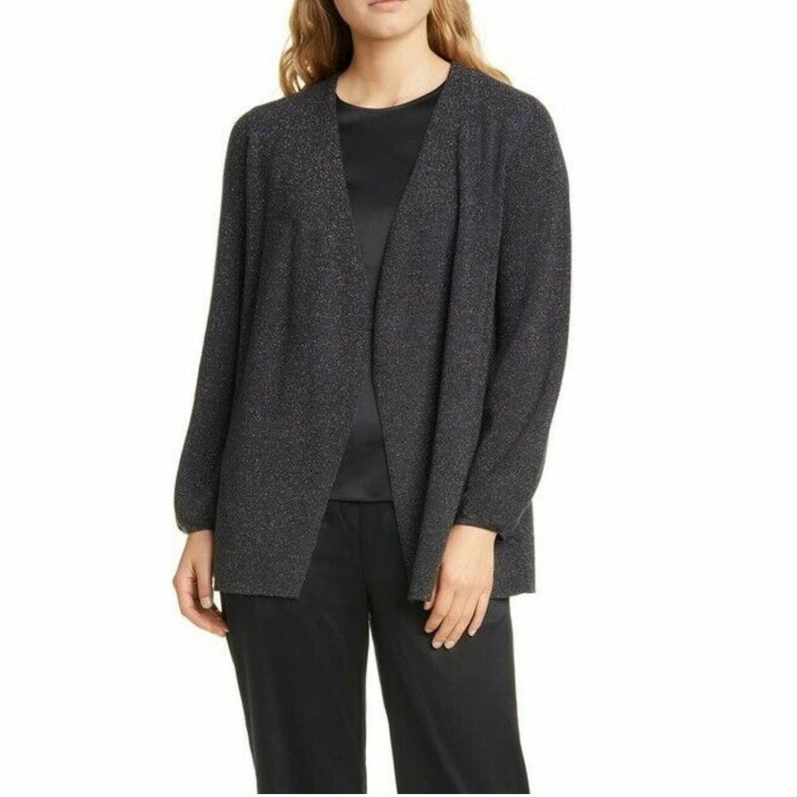 Eileen Fisher Gray Metallic Open Front Cardigan Small NEW Sparkle Merino Wool