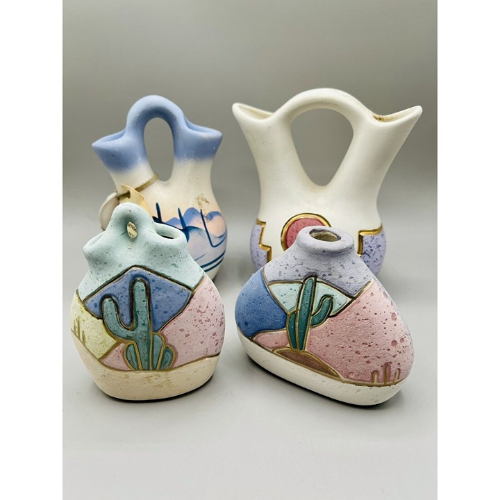 4 Vintage Navajo Native American Pottery Wedding Vases Pastel Gold SIGNED