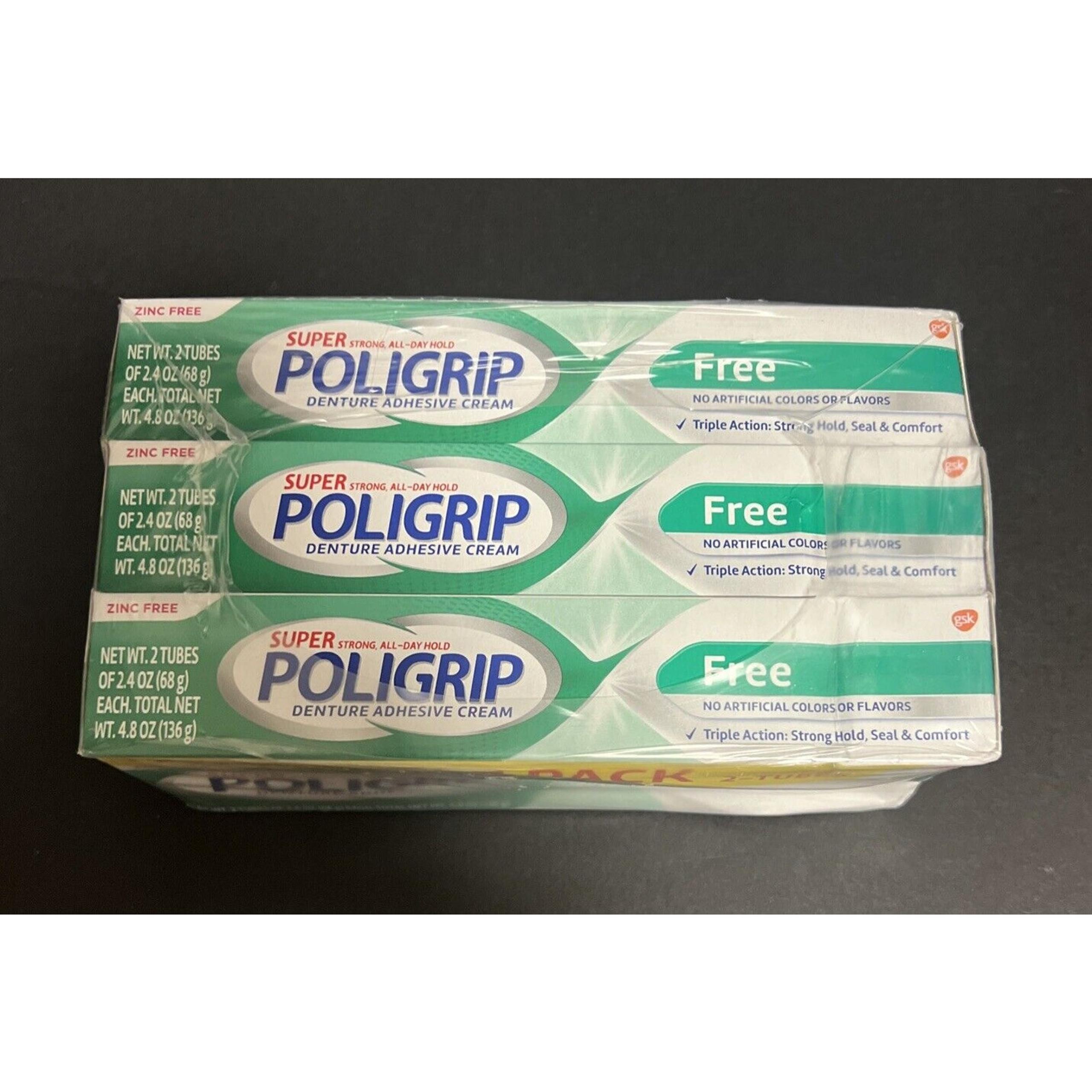 Super Poligrip Zinc Free Denture & Partials Adhesive Cream Twin Pack Lot Of 3