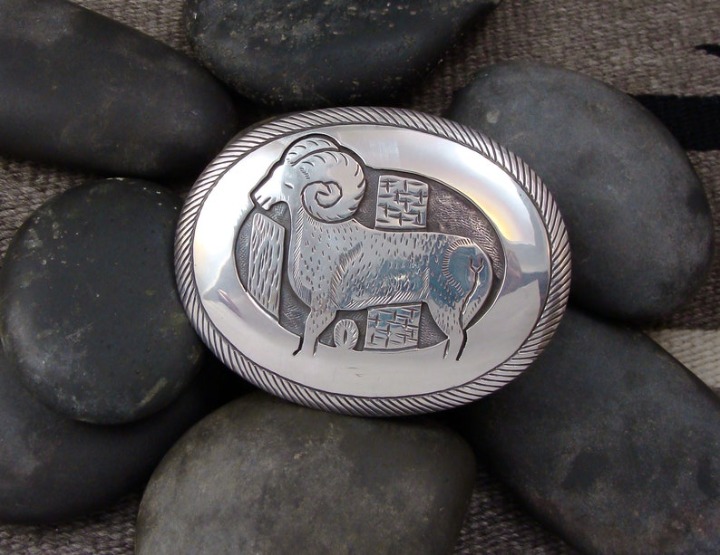 Native American Navajo Sterling Silver Goat Ram Belt Buckle, Southwest Jewelry