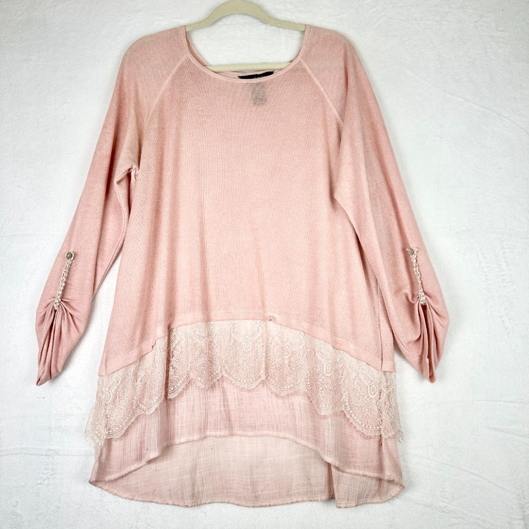 Ali Miles Layered Lace Tunic Top Womens XL Pink Lagenlook Roll Tab Sleeve