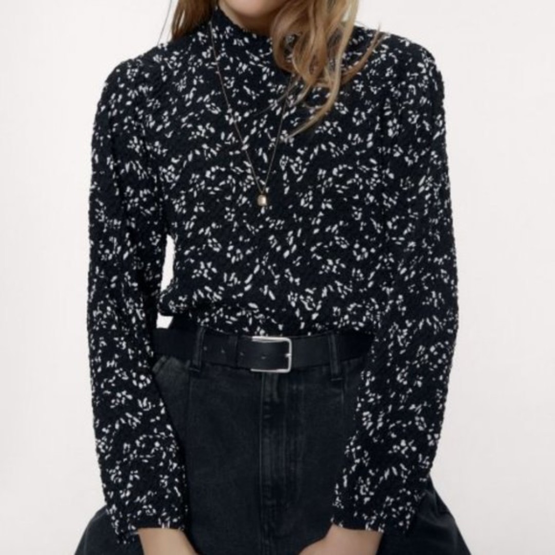 Black and White Zara Textured Abstract Print Long Sleeve Blouse Top (NWT)