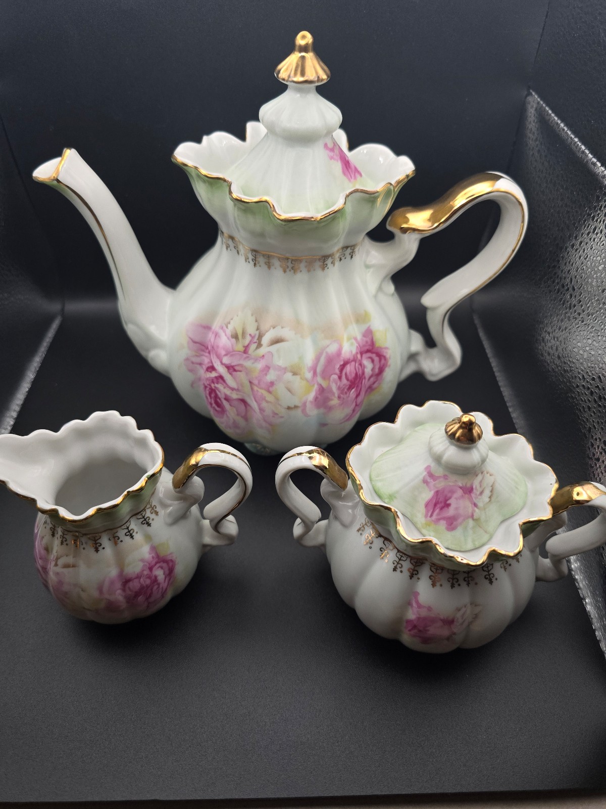 Nippon Cabbage Rose Hand Painted Japanese Porcelain Teapot Sugar & Creamer Set