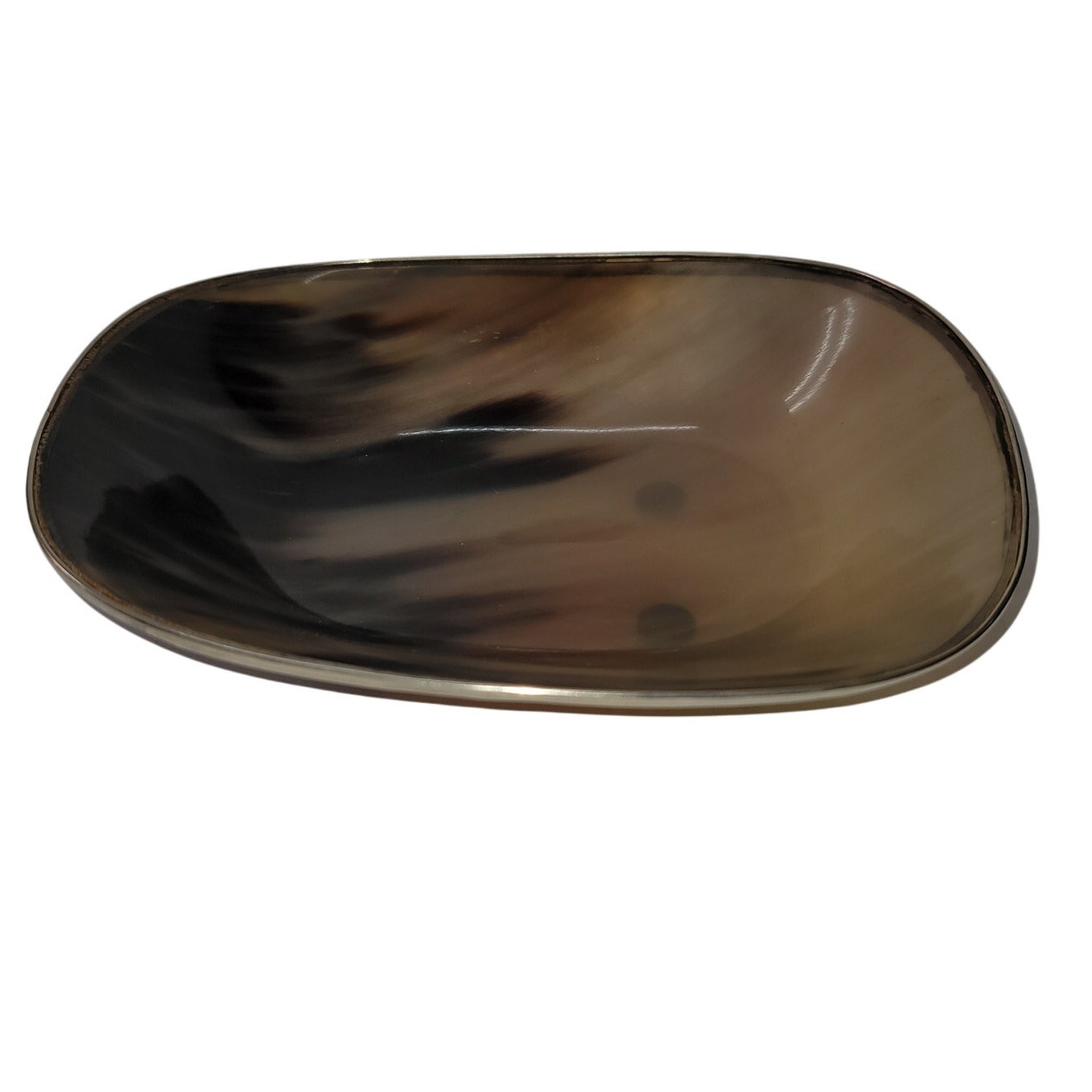 Horn trinket tray metal lined Ovoid shaped Vanity Keys Change Natural Handmade