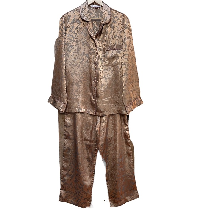 Victoria's Secret Pajamas Set Floral Imprint Button Down Gold Sleepwear Size LG