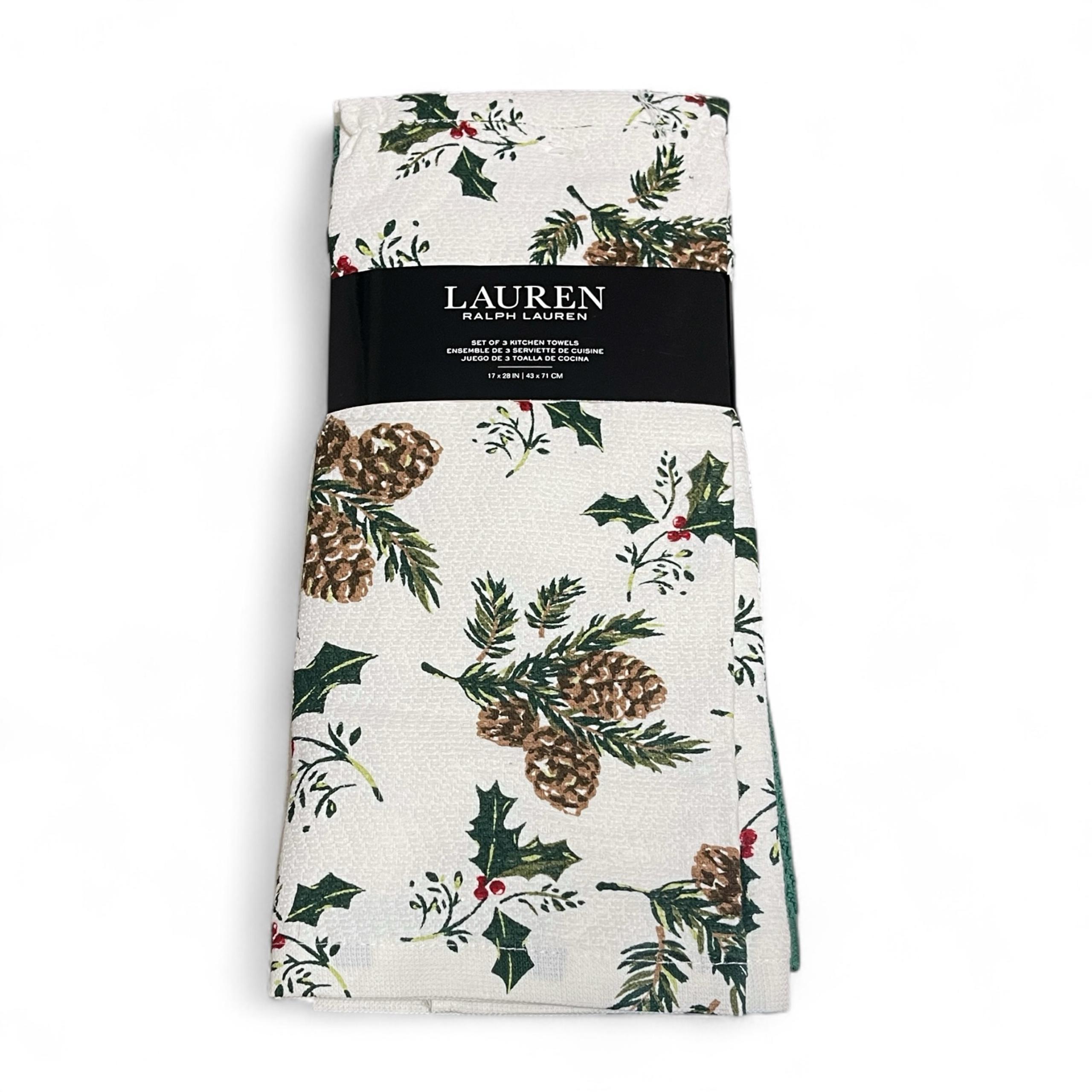 Lauren Ralph Lauren Kitchen Towel Set of 3 Pinecones Holly Berries Christmas