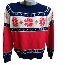 Men's Large Vintage Sweater 1970's Nordic Style Knit Snowflake Red White Blue