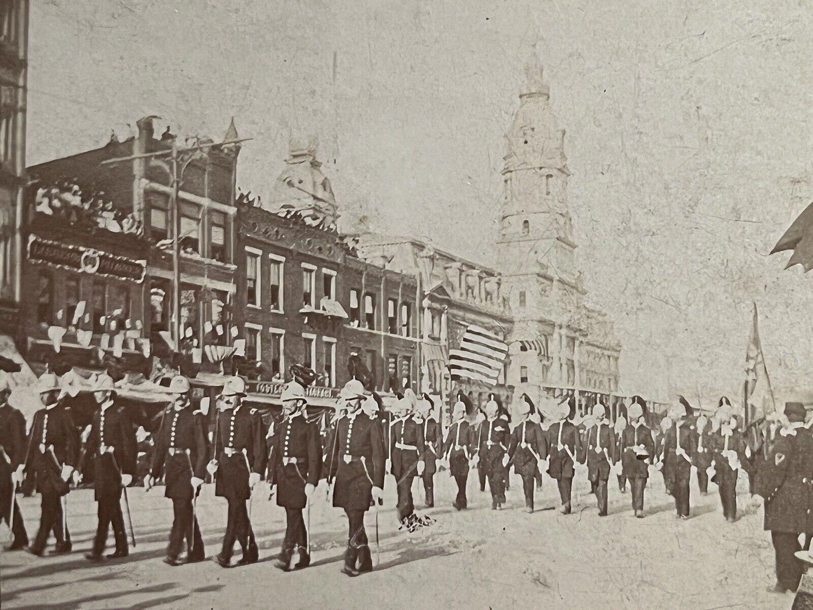 Antique Mounted Photo Parade Scene Military Unidentified Street Scene 1900s