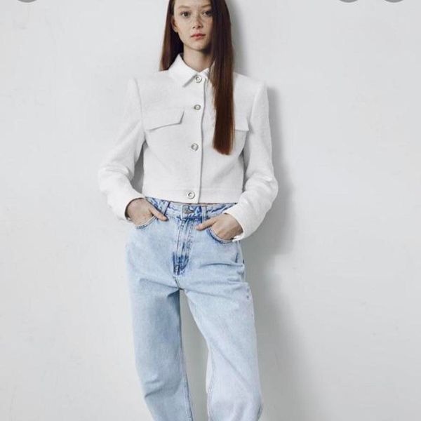 ZARA Textured Cropped Blazer with Gold Buttons In Oyster White Size M