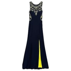 Betsy & Adam Beaded Slit Maxi Dress Womens 2 Prom Cocktail Party Blue Chartreuse