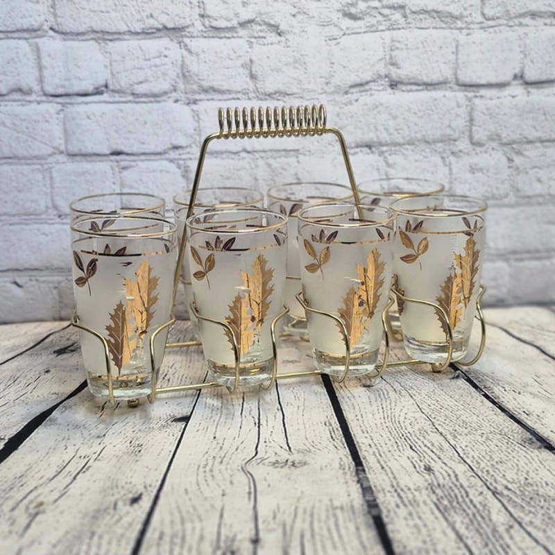 Vintage Libbey Golden Foliage 8 Glass Tumbler Set with Metal Caddy