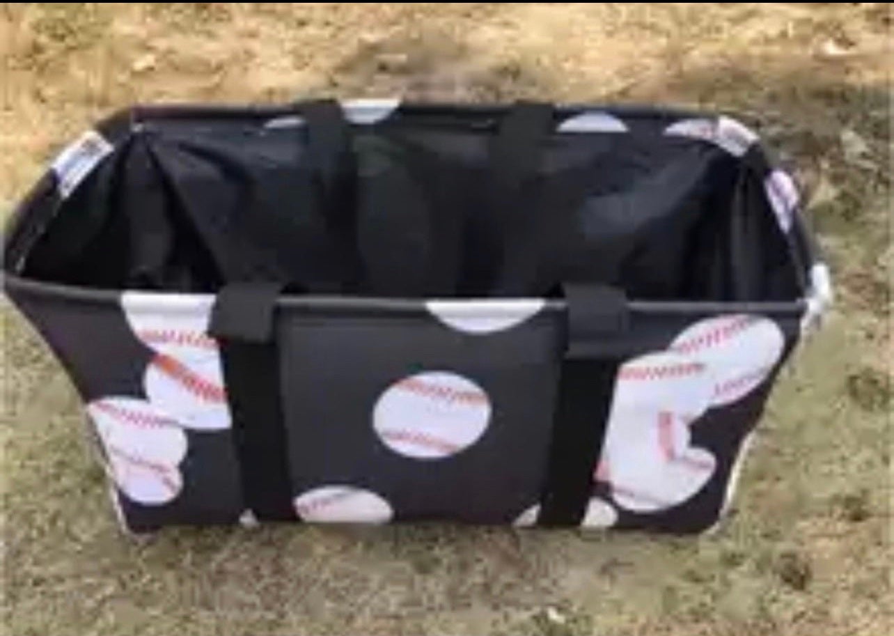 Lot of 5 baseball items. tote, messenger, bucket, cosmetic bag & hooded blanket