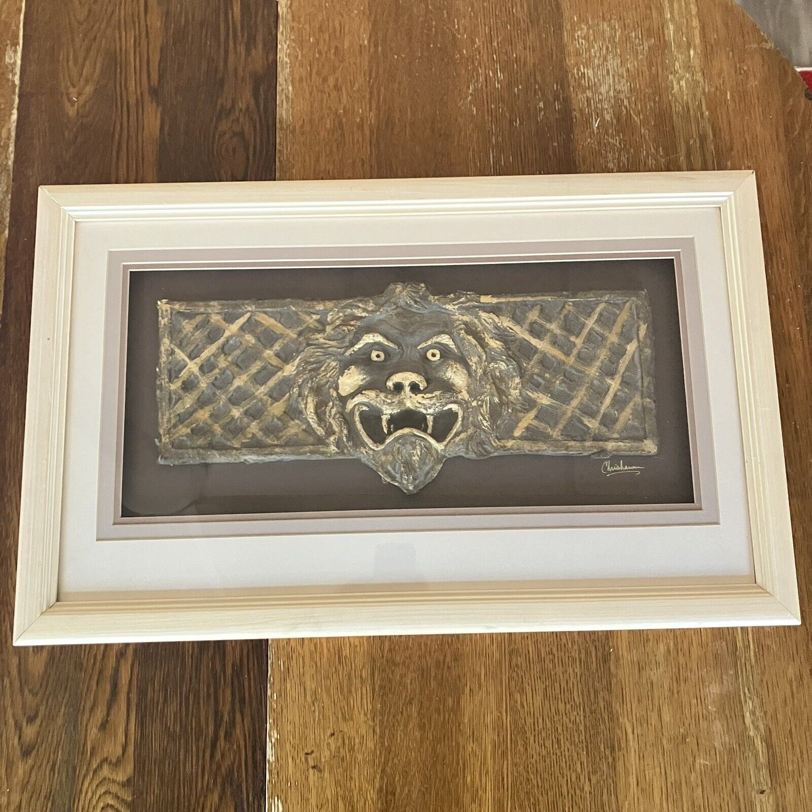 Chrishawn Art Lion Fence Gold Wooden Frame Mantel Casis 2 808017-9408 Signed