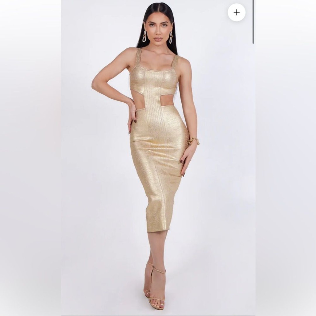 Posh Mia Marbella Bandage Cut Out Midi Dress in Gold - Size M