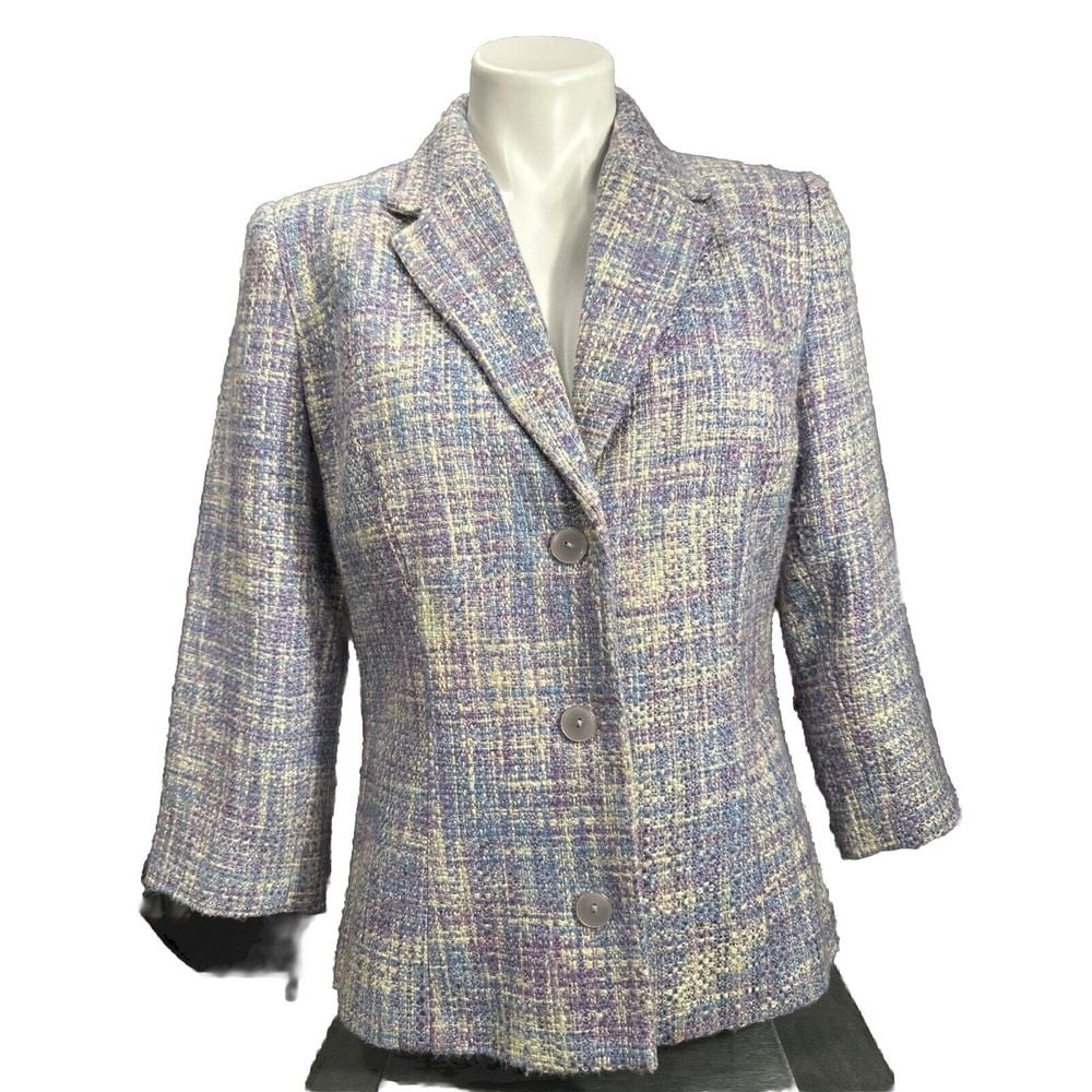 Oscar de la Renta Women's Purple Confetti Tweed 3 Button Blazer Size 10