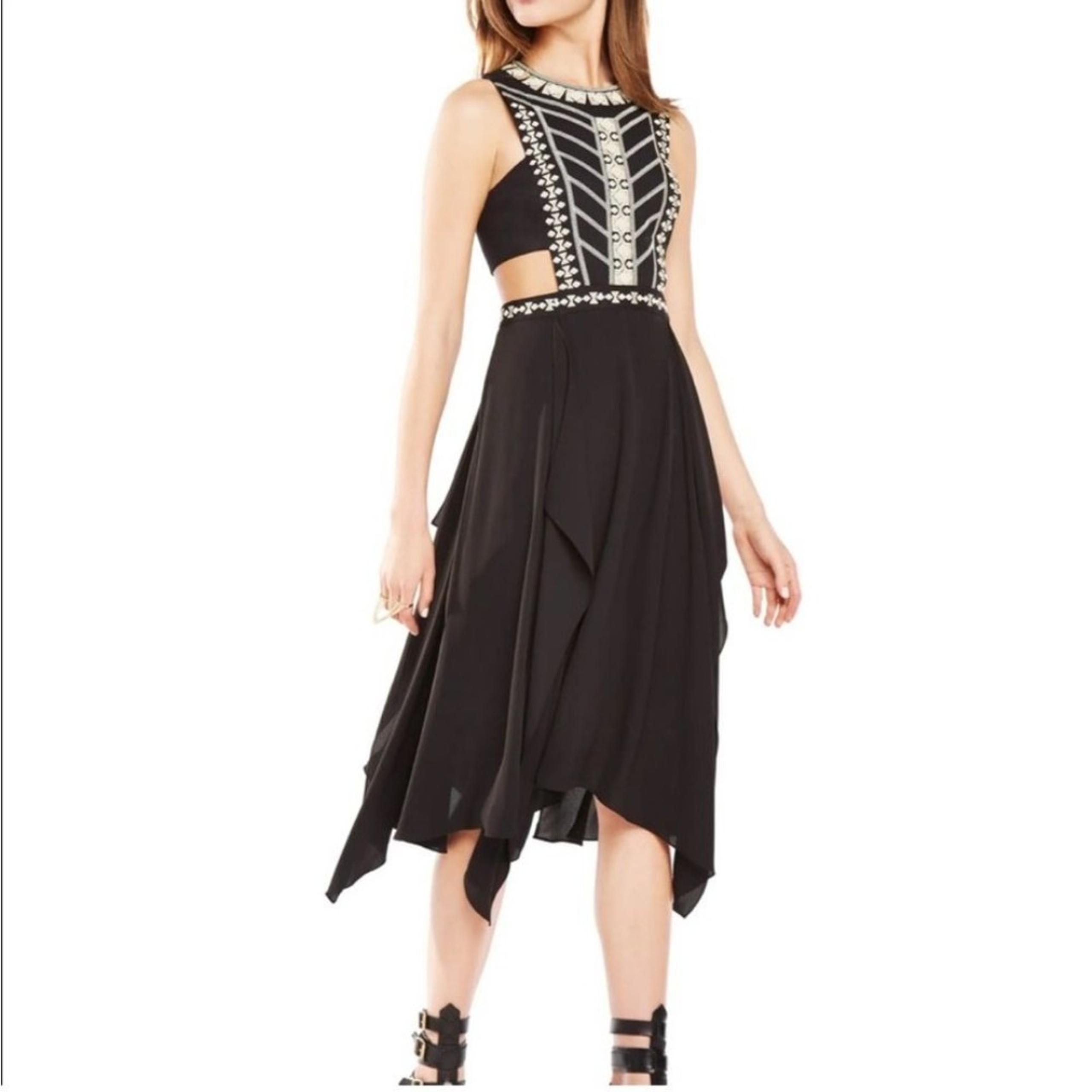 BCBGMAXAZRIA Adelia Cutout Embellished Midi Dress, Size 0