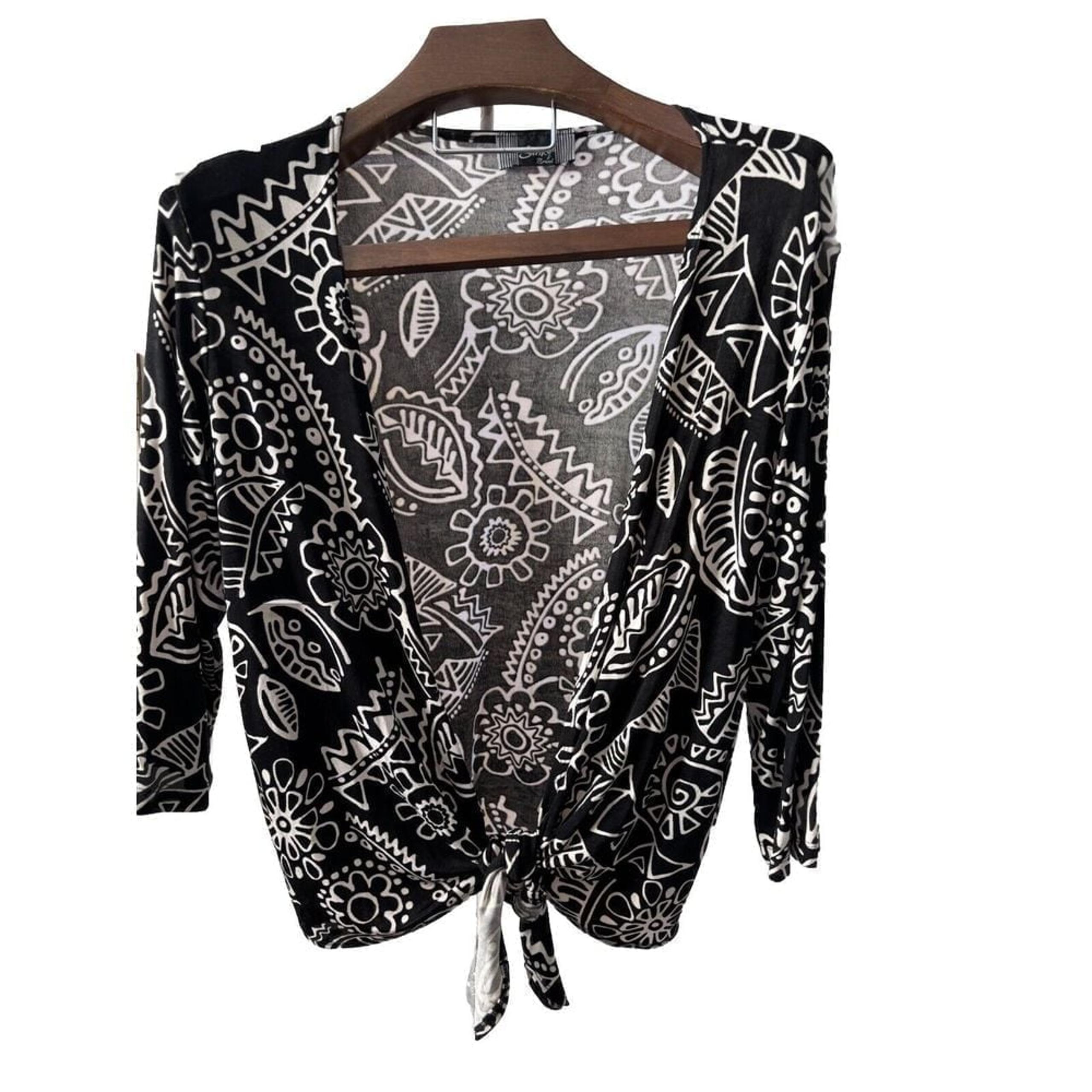 Slinky Brand Women's L Tie Up Cardigan Retro Prints Long Sleeve Black White