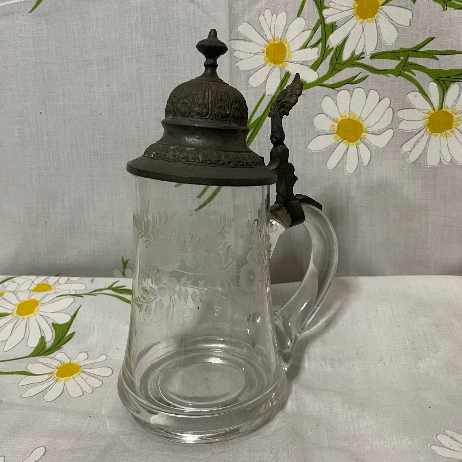 Antique German blown hand cut glass art nouveau decorative lid bridal beer stein