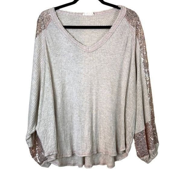 Hummingbird Waffle Design Sequined Dolman Sleeve Top