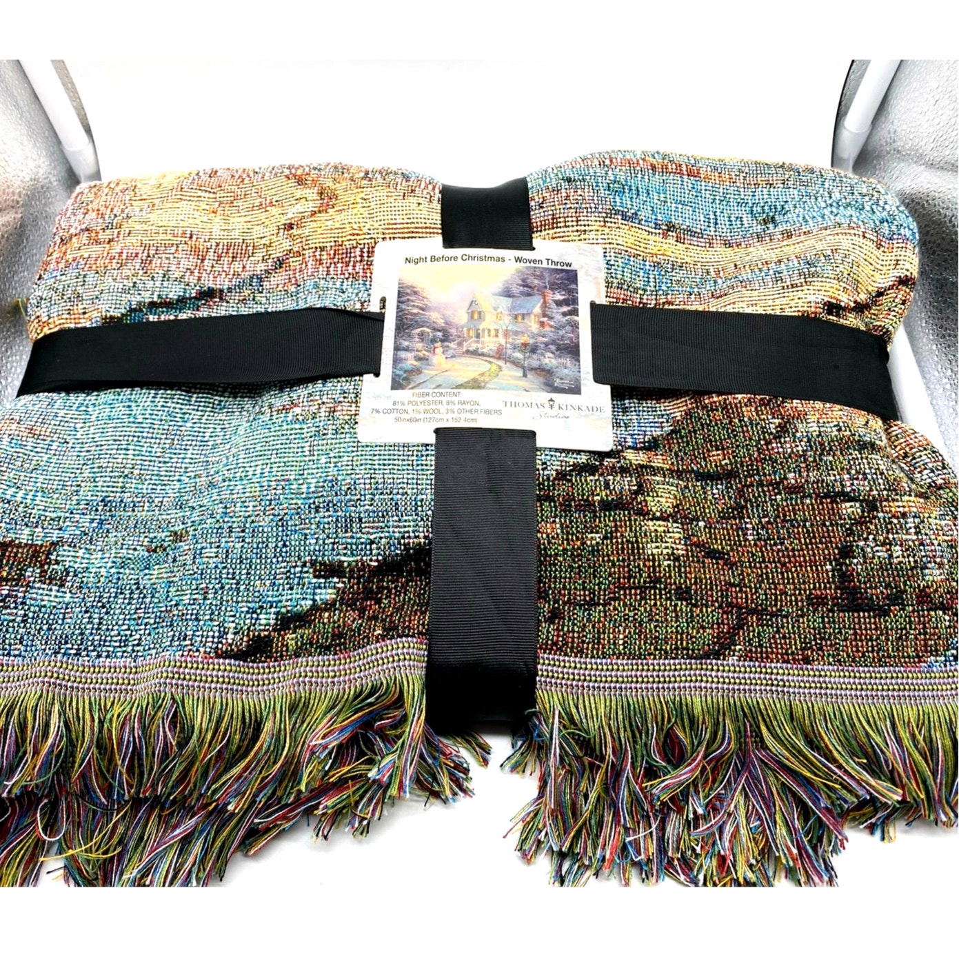 Thomas Kinkade Night Before Christmas Fringed Tapestry Throw Blanket 50x60 New