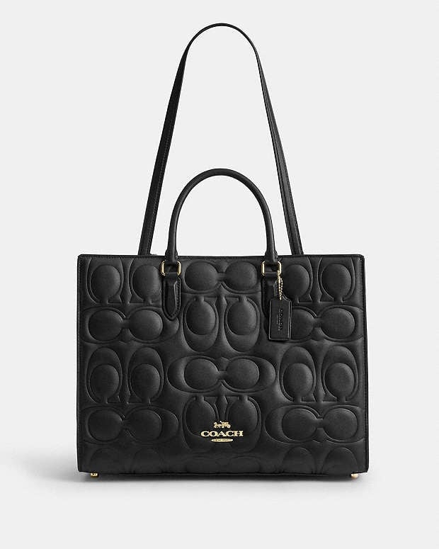 NWT！COACH Maggie Tote Bag In Signature Leather（COACH CY672）Gold/Black