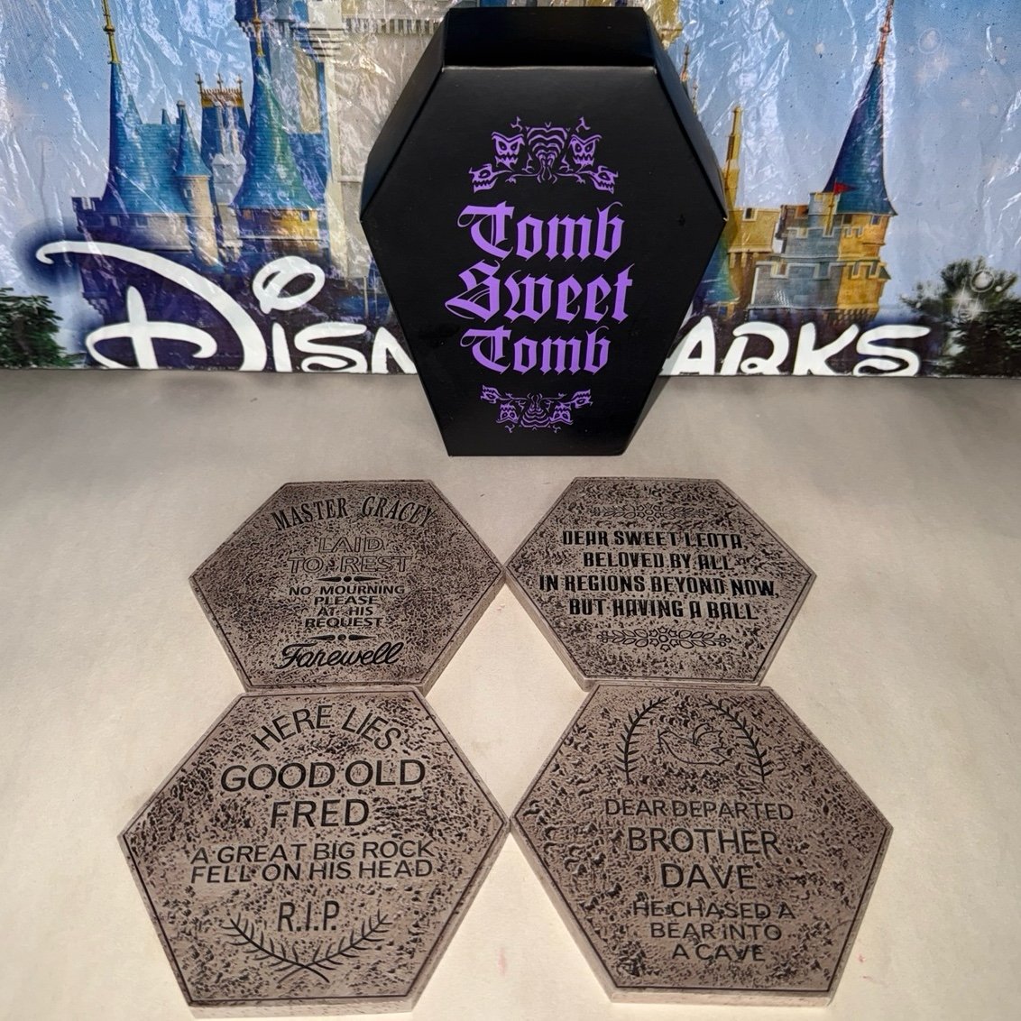 Disney parks haunted mansion tombstone coasters w/ coffin box