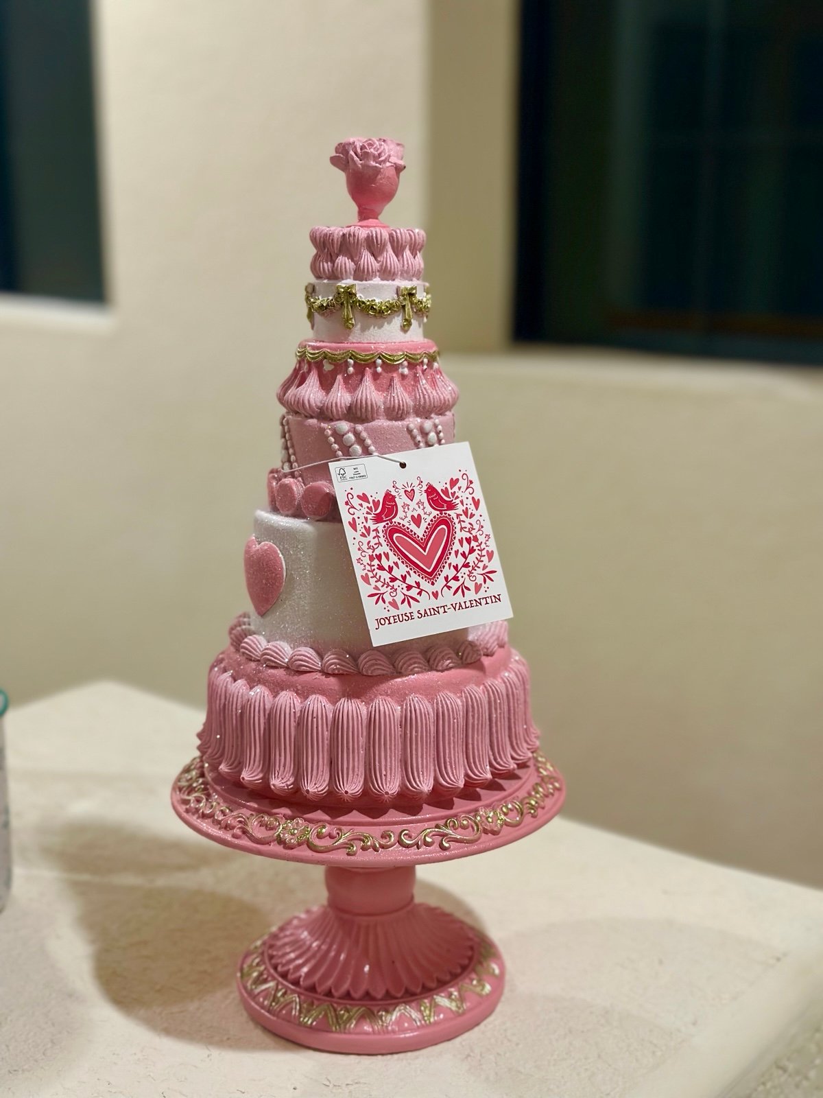 Valentine Heart Pink Faux Tiered Tray Cake 16” Tall
