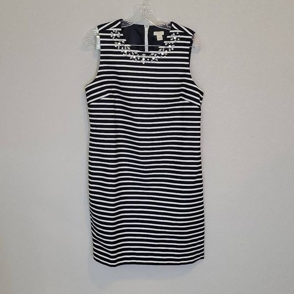 J.Crew Navy Blue White Striped Embellished Sheath Casual Dress Size 8