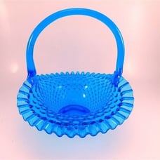 007/2074 Fenton Aqua Blue Hobnail Glass Basket W/ Smooth Handles And Ripple Rim