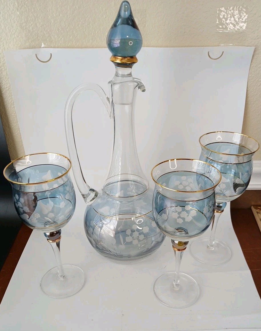 Romanian Crystal Hand Blown Glass Wine Decanter W/Stopper & Goblets Katherine's