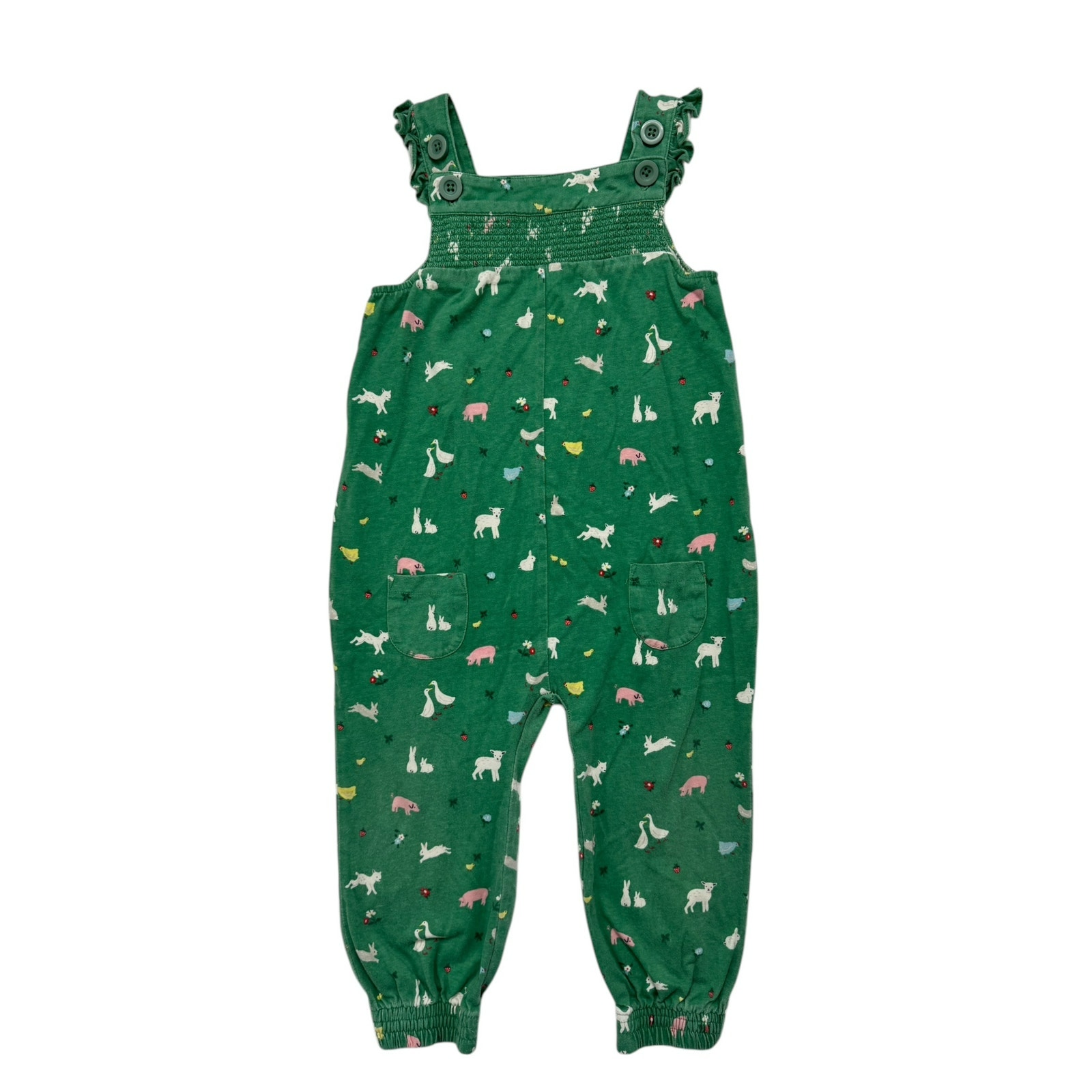 BABY BODEN Green Spring Barnyard Dungarees Size 2-3 Years Smocking Easter Cotton