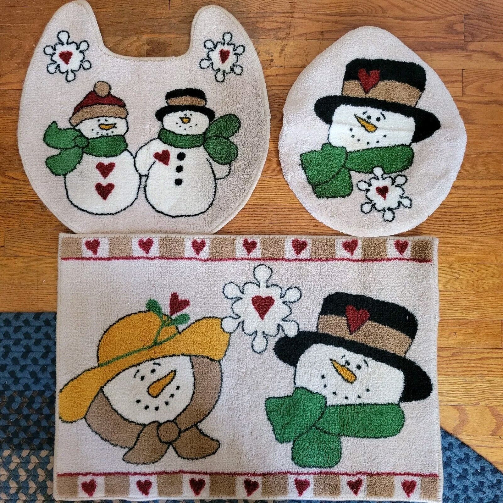 Bathroom Rug Set 3 Pc Dianna Marcum Snowman Snow Couple Winter Hearts Toilet Top