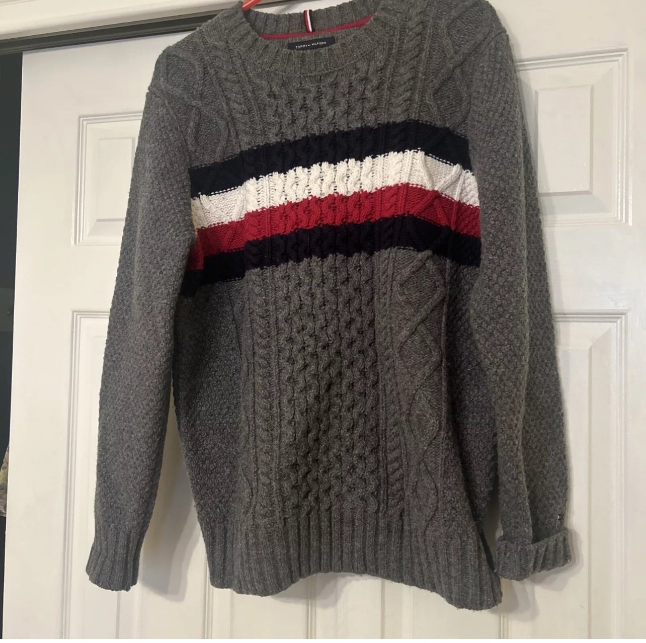 Tommy Hilfiger Cable Knit Lambswool blend Sweater Gray Stripe Men's Large