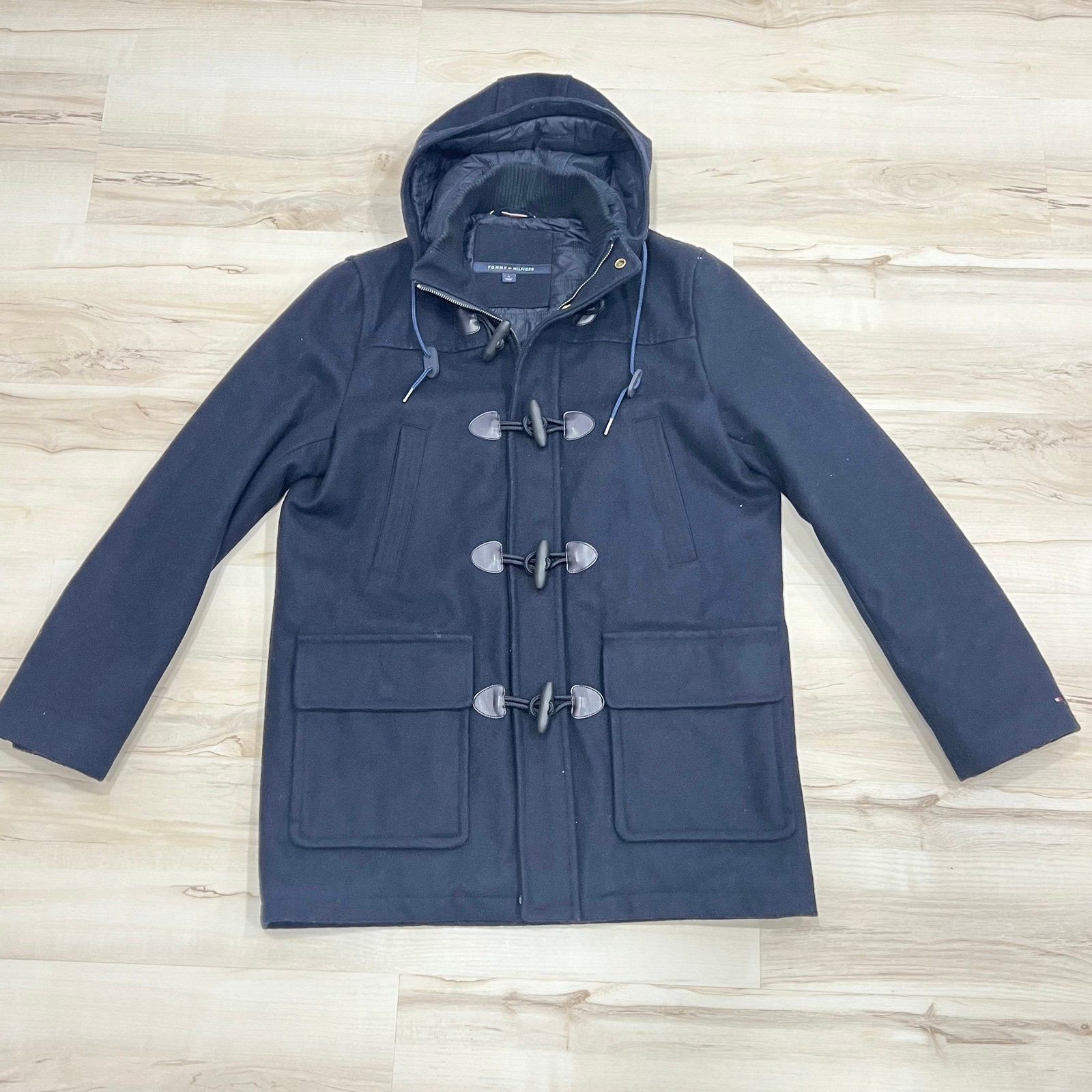 TOMMY HILFIGER Wool Duffel Coat Mens Size Medium Navy Blue Hooded Nice Peacoat