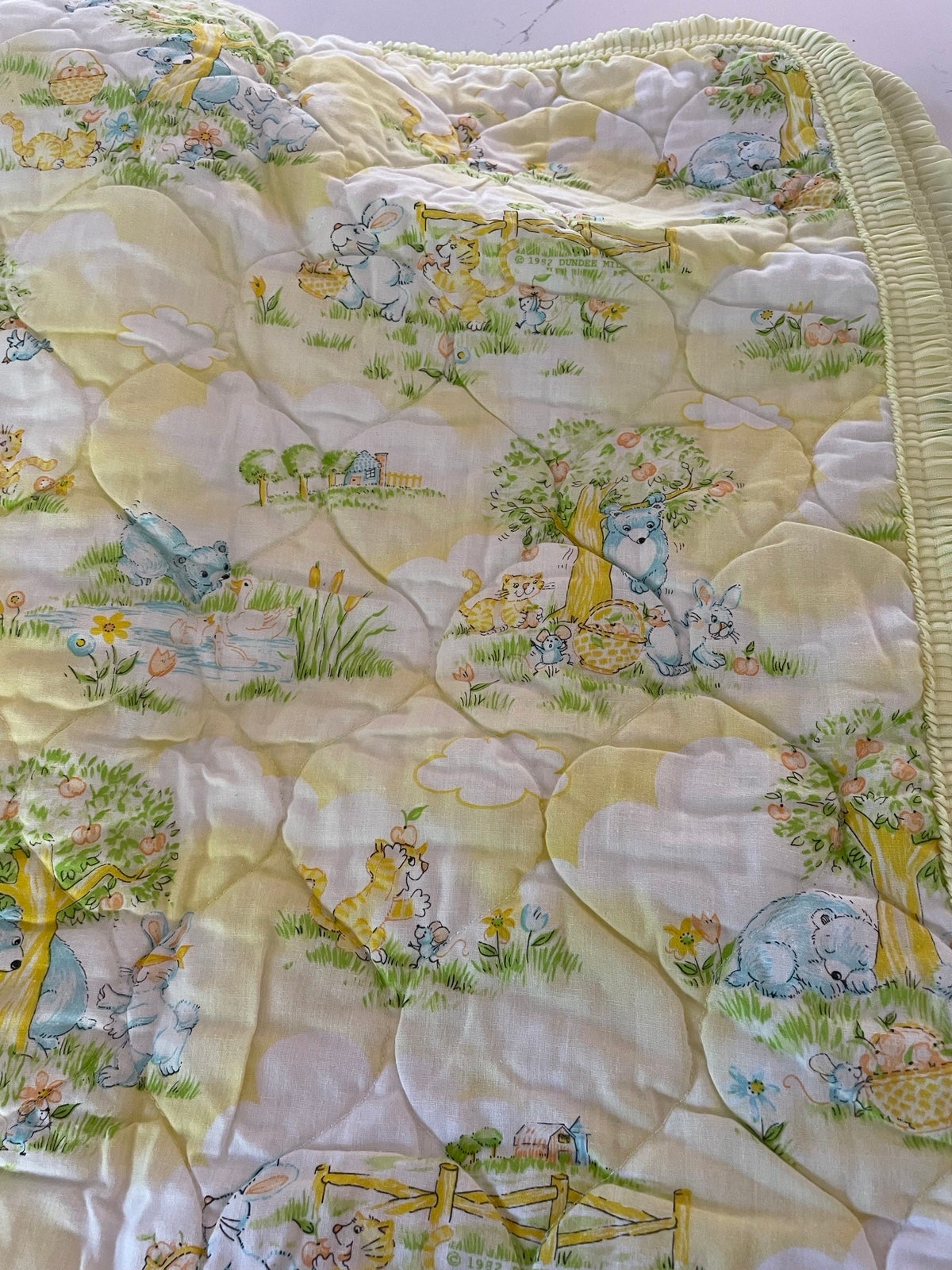 Vintage Baby Blanket 1982 Dundee Mills, Yellow Quilted Animals Orchard Set