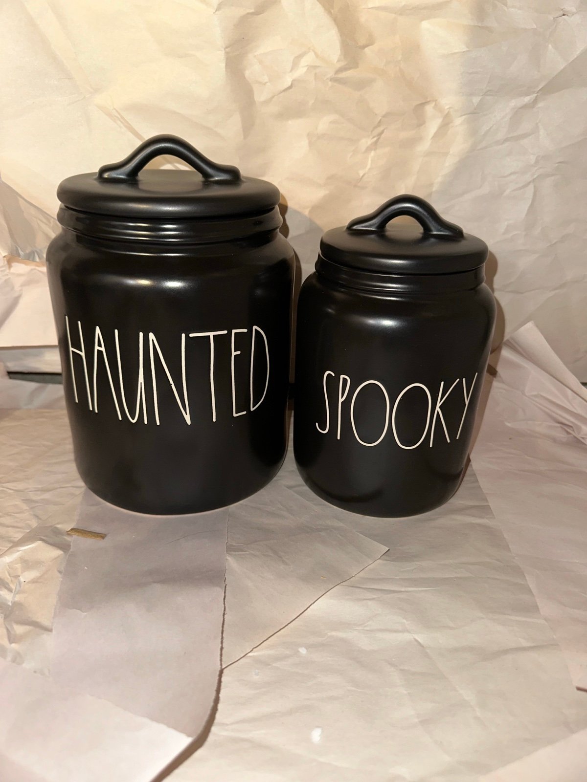 Rae Dunn Black Haunted and black spooky canisters