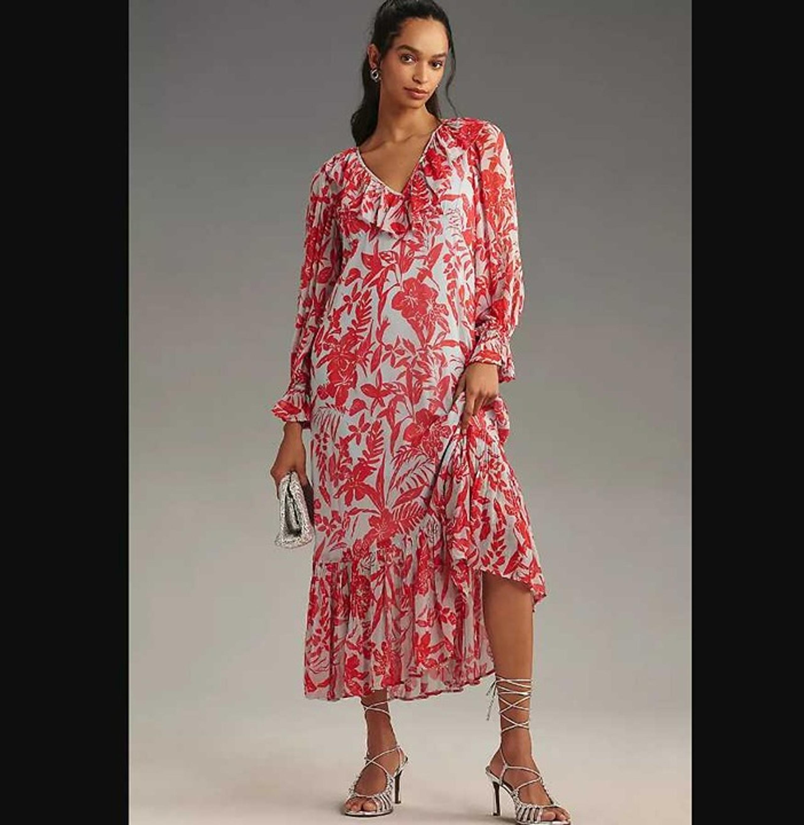 New (w flaw) XS By Anthropologie long-sleeve v-neck chiffon ruffle midi dress