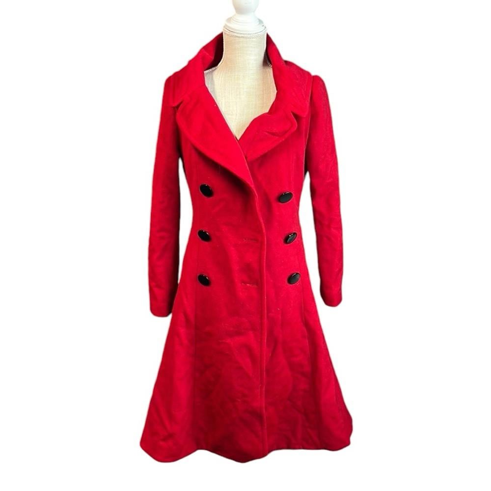 Bebe Long Sleeve Button Up Pea Coat Jacket Heavy Womens Size S Red Flare Wool