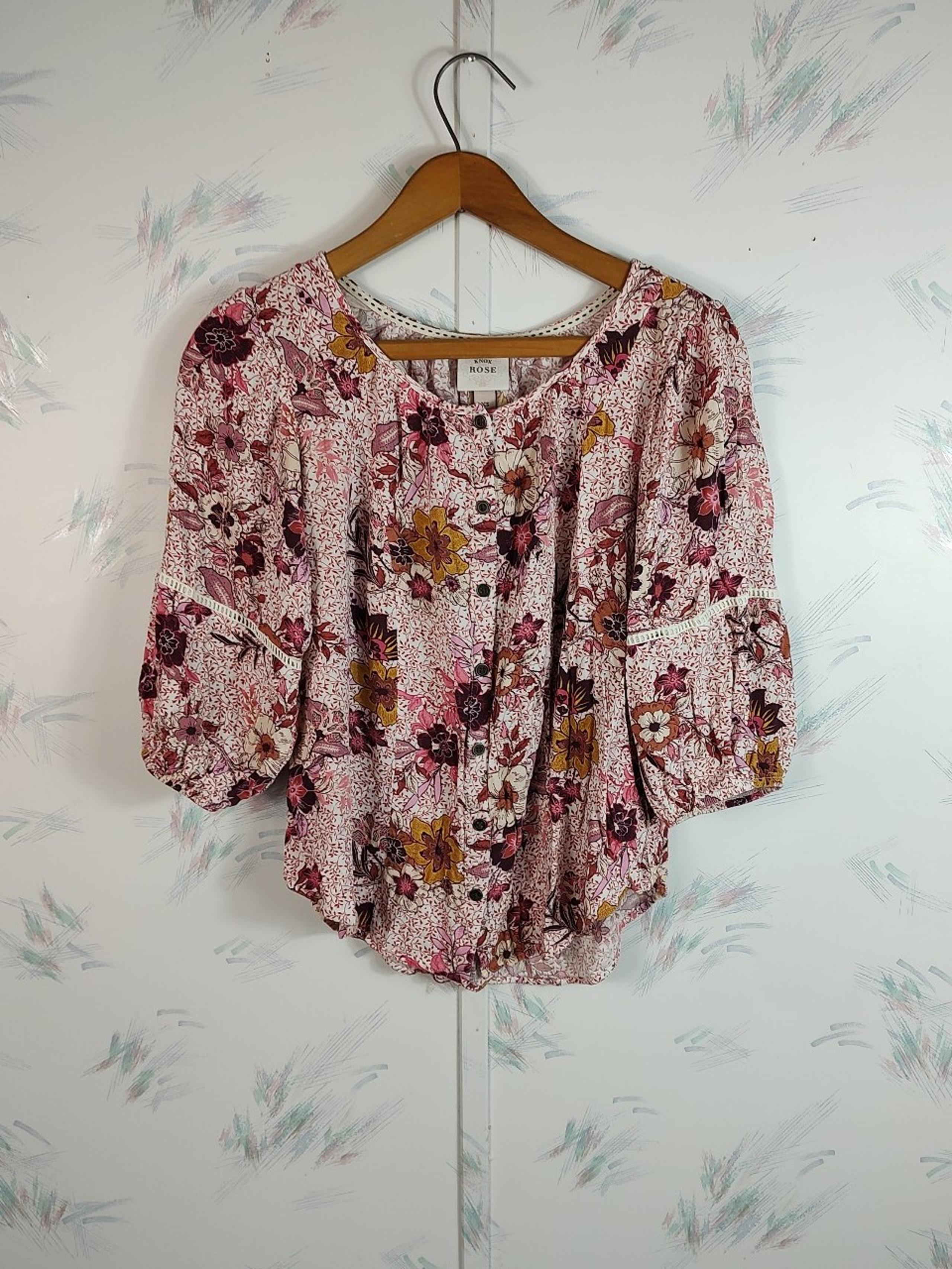 Knox Rose Pink Floral Print Top Button Front Size XS