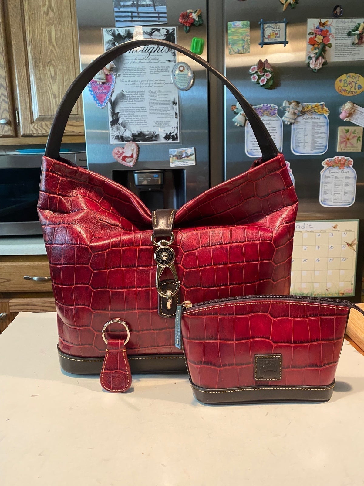 DB Red Belvedere Croc Hobo & Cosmetic Purse & DB Emboss Key Fob DB Red Belvedere Croc Hobo & Cosmetic Purse & DB Emboss Key Fob