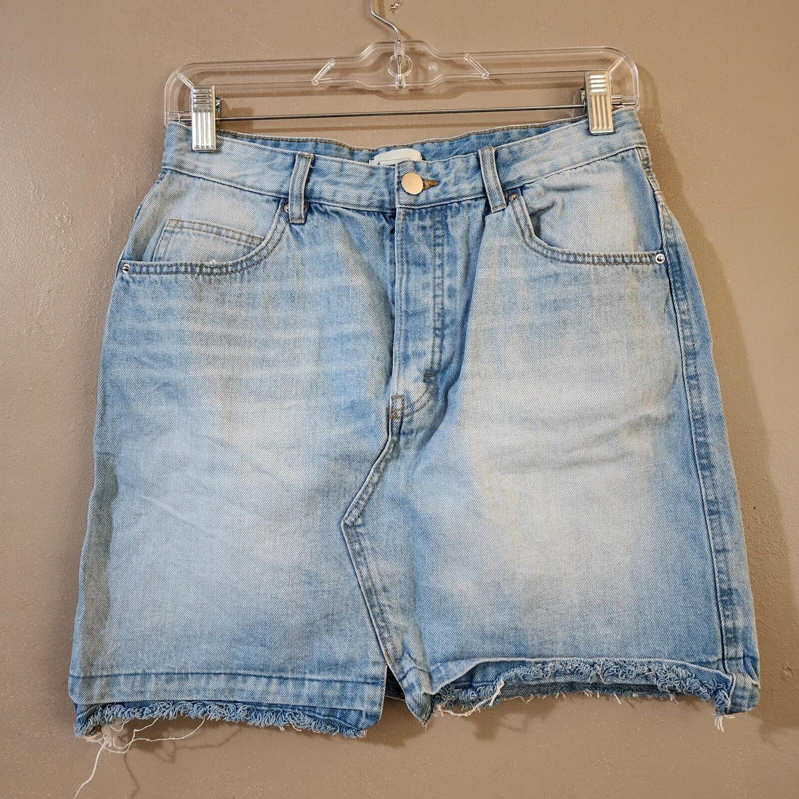 H&M Womens Straight Mini Jean Skirt Size 8 Blue Cut Off Raw Edge Button Fly