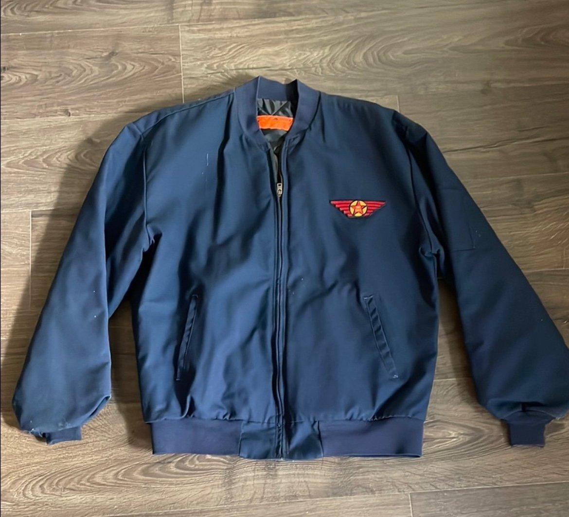 Men’s Vintage Navy Bomber Jacket with Red Embroidered Patch,Size Large Some Wear