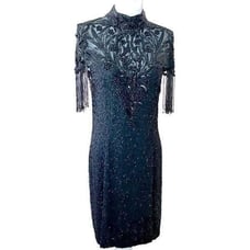 Vintage Nite Line Silk Beaded Fringe Cocktail Dress